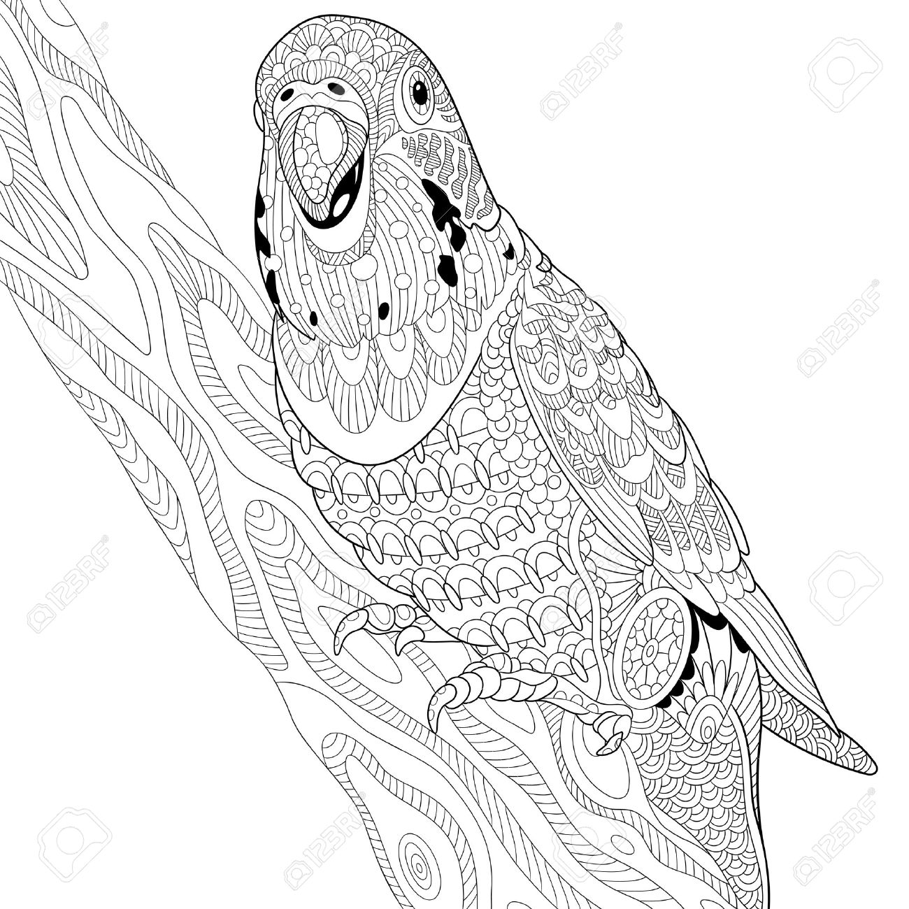 1300x1300 Stylized Cartoon Budgie Parrot Sitting On Tree Branch Royalty Free