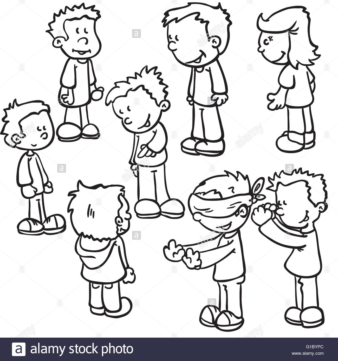 1300x1390 Simple Black And White Kids Playing Blind Man's Buff Cartoon Stock