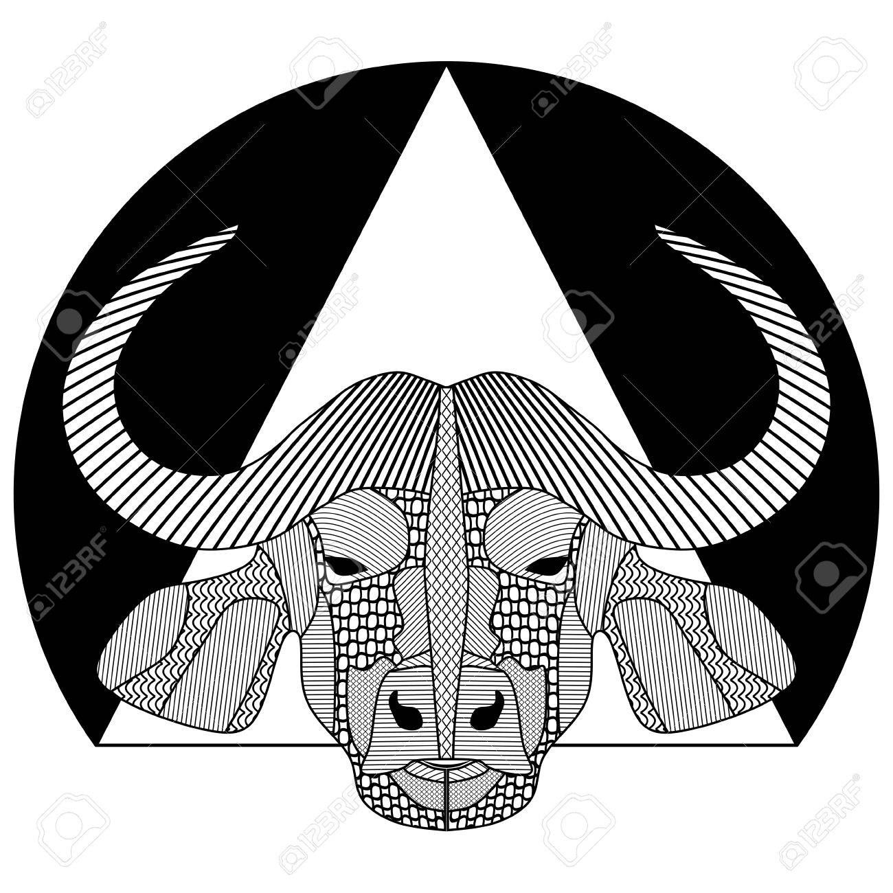 1300x1300 Buffalo Head, Black And White Symmetrical Drawing With Patterned