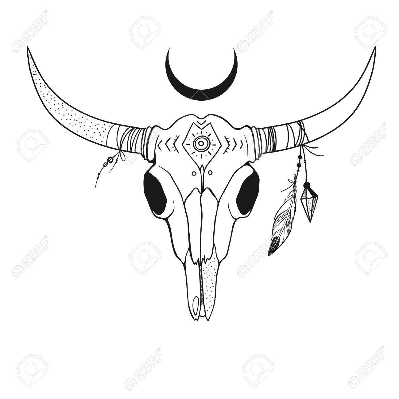 1300x1300 Boho Style Illustration With Buffalo Skull With Feathers On Horns