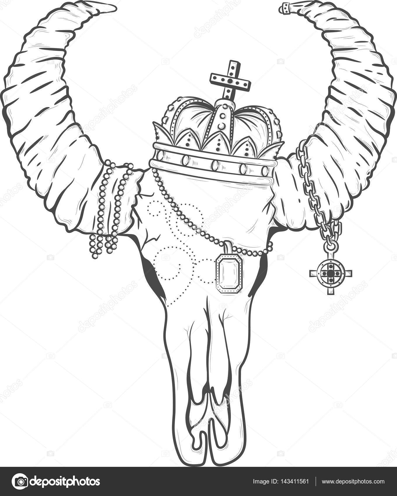1359x1700 Buffalo Skull In A Crown. Print. Outline. Vector Illustration