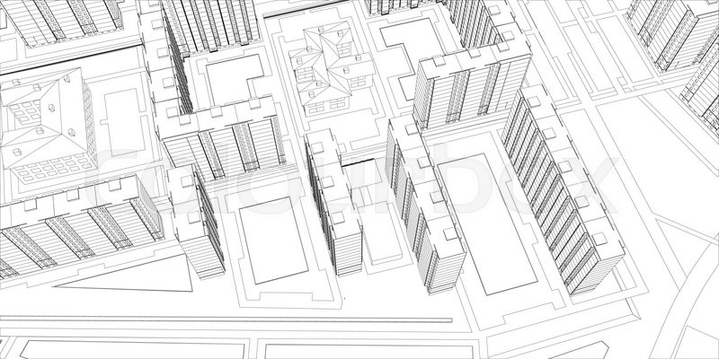 800x400 Wire Frame Buildings. Top View. Vector Illustration, 3d Render