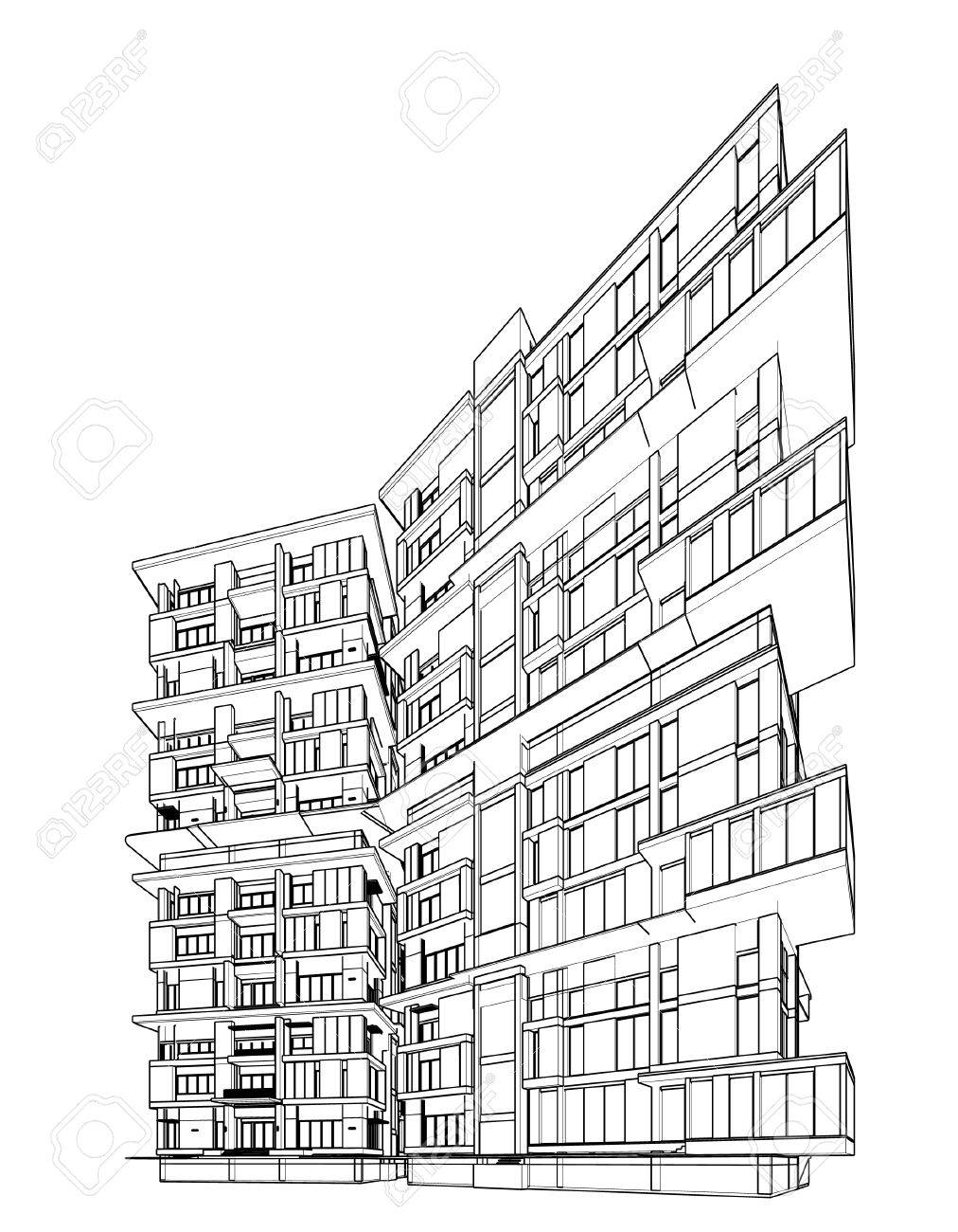 1012x1300 Perspective 3d Render Of Building Wireframe