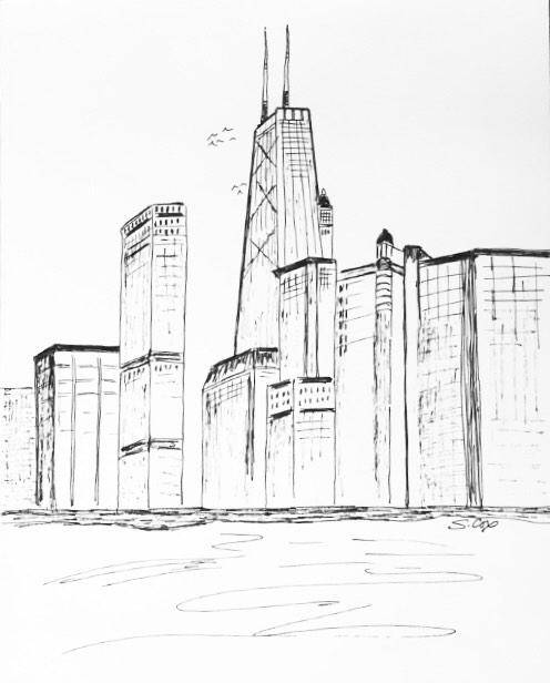 496x616 City Drawing Chicago Skyline Chicago Print Urban Sketch