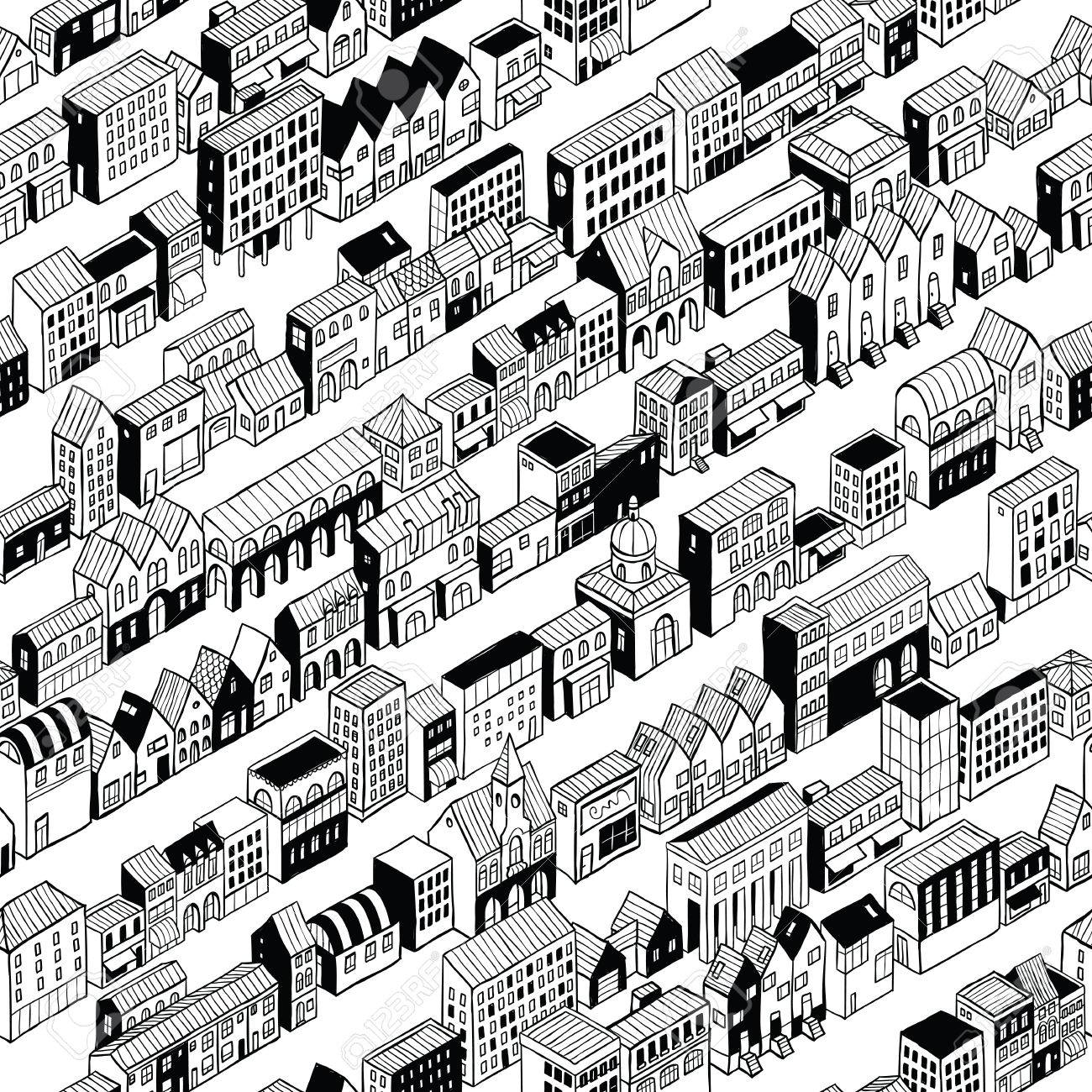 1300x1300 Row City Seamless Pattern Is Isometric Doodle Drawing, A String