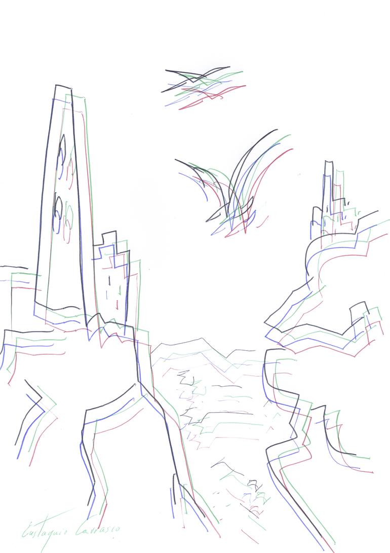 770x1091 Saatchi Art Buildings And Birds On The Edge Of The Gorge Drawing