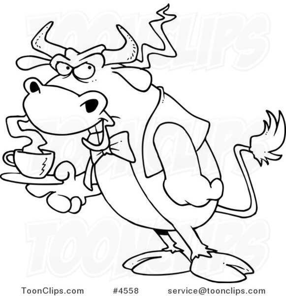 581x600 Cartoon Black And White Line Drawing Of A Bull Waiter Serving