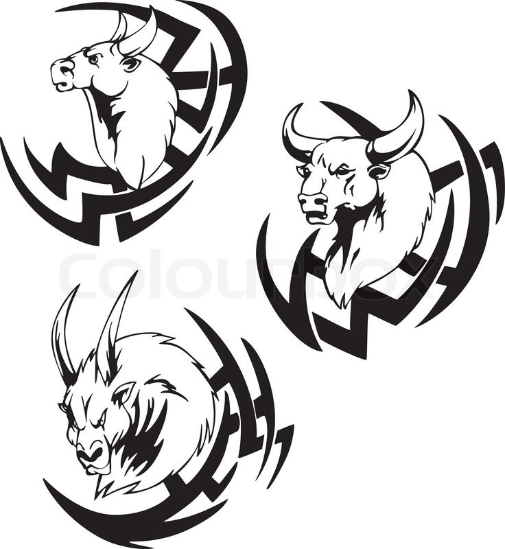 736x800 Bull Head Tattoo. Black And White Vector Illustrations. Stock