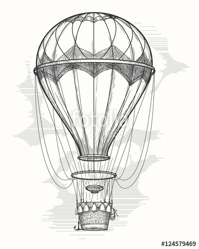 400x500 Retro Hand Drawing Hot Air Balloon. Vintage Hot Air Airship Vector
