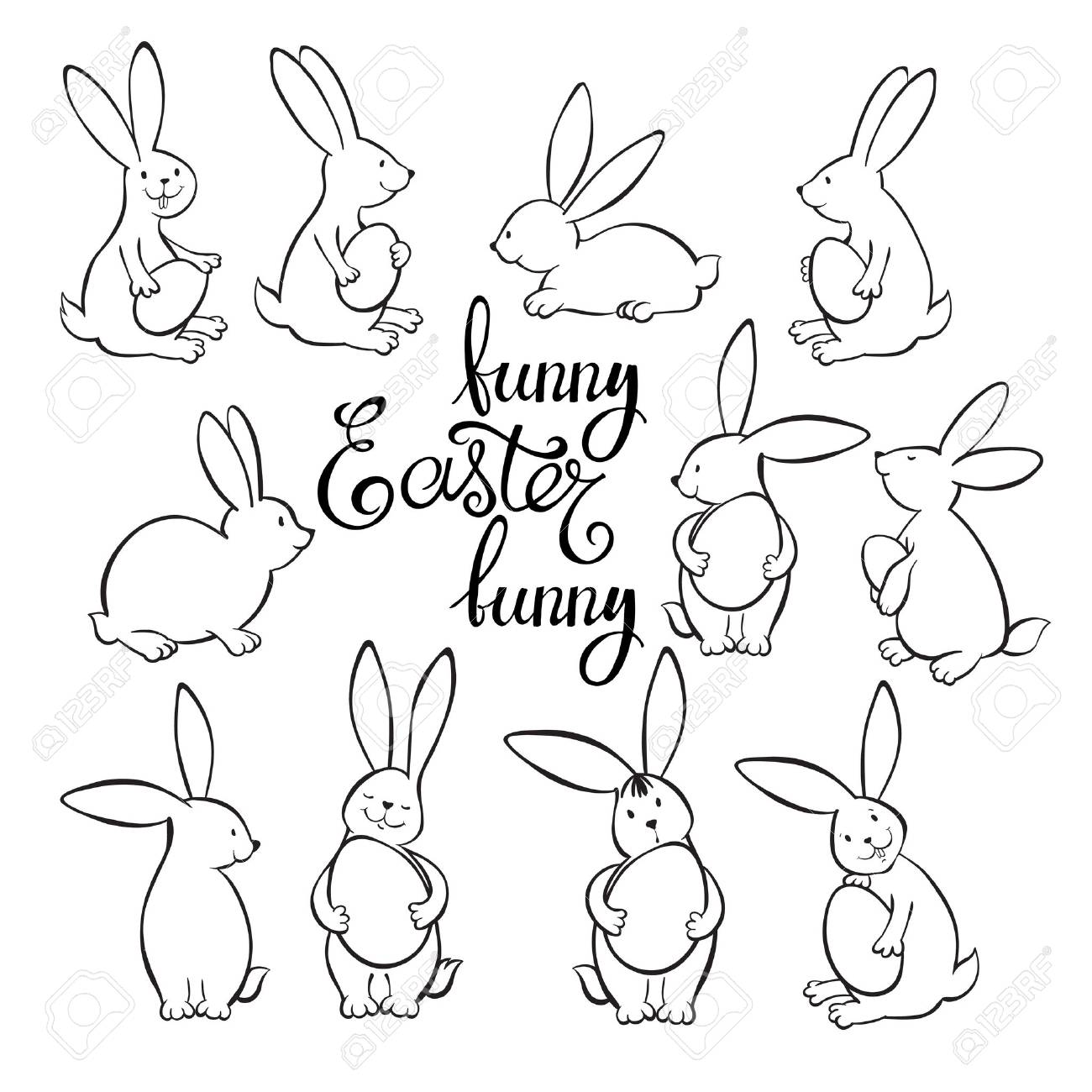 1300x1300 Funny Easter Bunnies. Vector Illustration. Outline Drawing, Easter