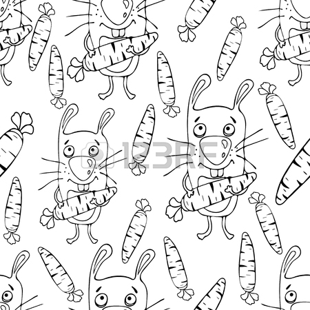 450x450 Bunnies Cartoon Seamless Pattern, Hand Drawing, Vector Monochrome
