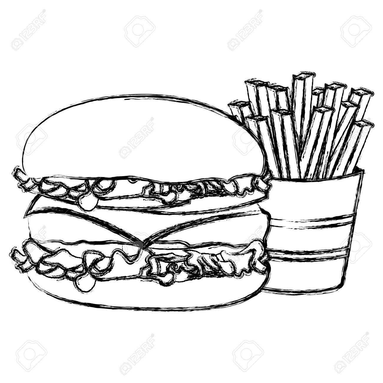 1300x1300 Monochrome Sketch With Burger And French Fries Vector Illustration