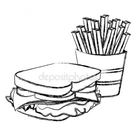 450x450 Monochrome Sketch With Burger And French Fries Stock Vector