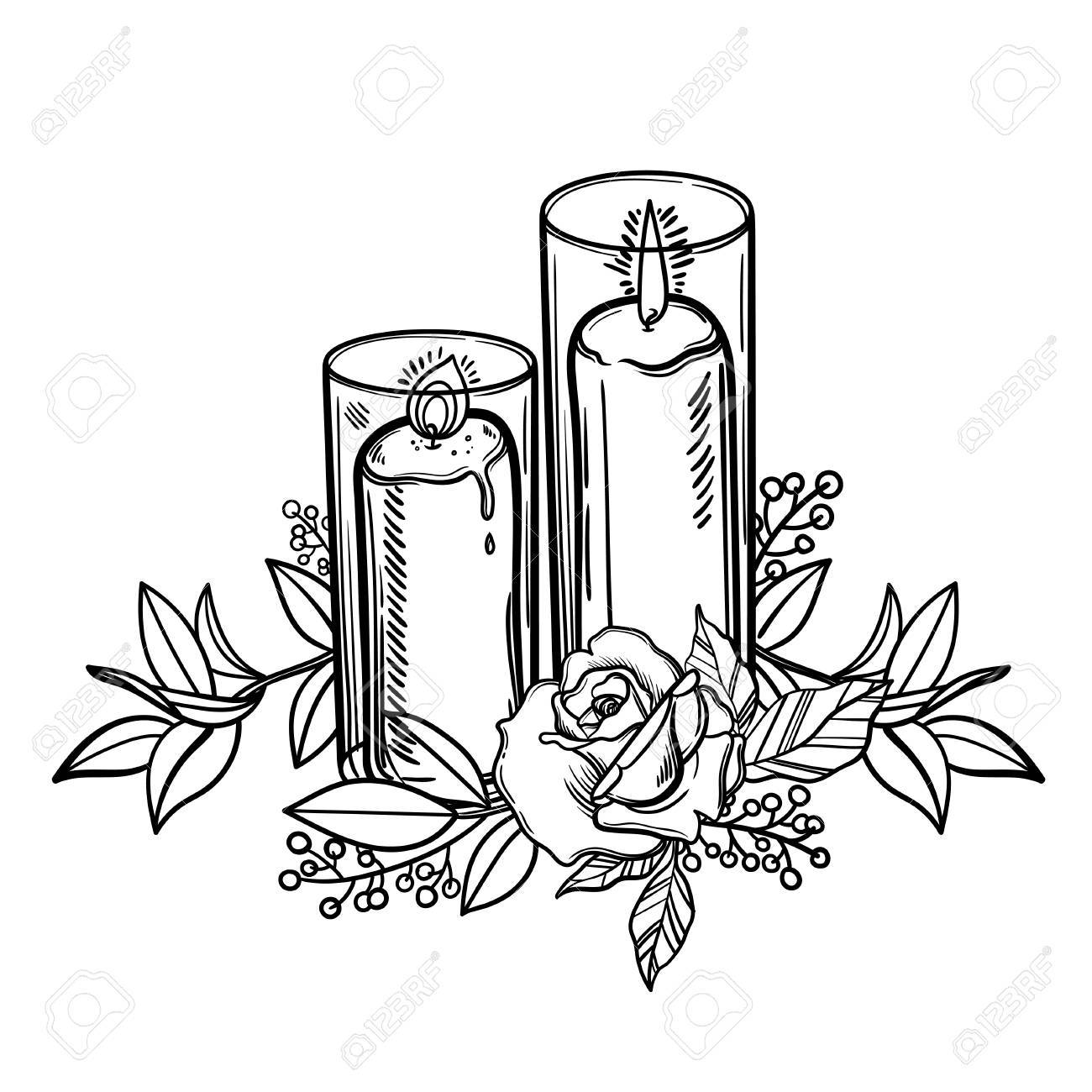 1300x1300 Vintage Burning Candle And Rose Flower. Romantic Tattoo. Esoteric