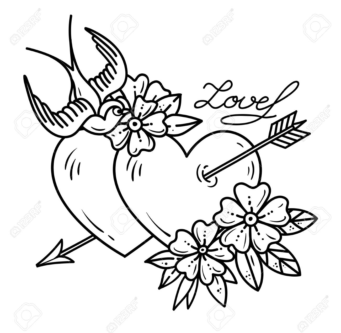 1300x1270 Tattoo Heart With Arrow. Two Hearts Pierced By Arrow With Flowers