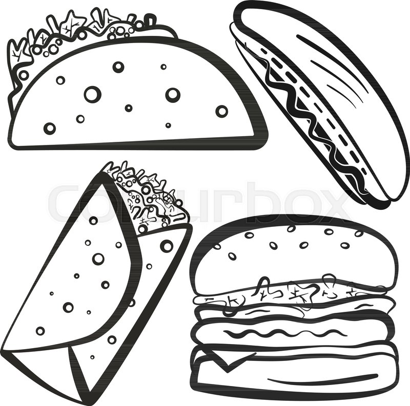 800x793 Black Outline Fast Food Symbols Set. Cute Cartoon Linear Fastfood