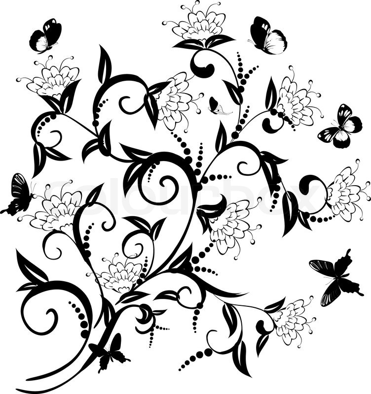 752x800 Pattern Of Flowering Bush With Butterflies Stock Vector Colourbox