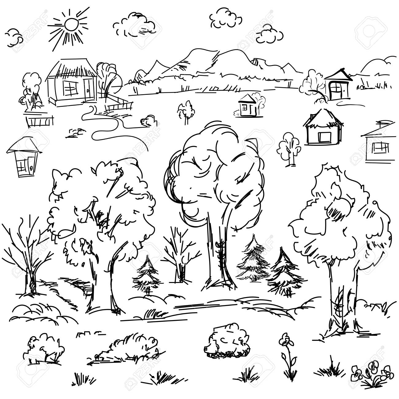 1300x1300 Elements Of Landscape In Outline. Doodle Sketch Outdoor Elements