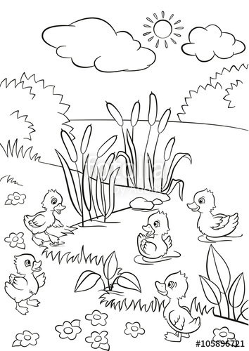 354x500 Coloring Pages. Five Little Cute Ducklings Swim On The Lake