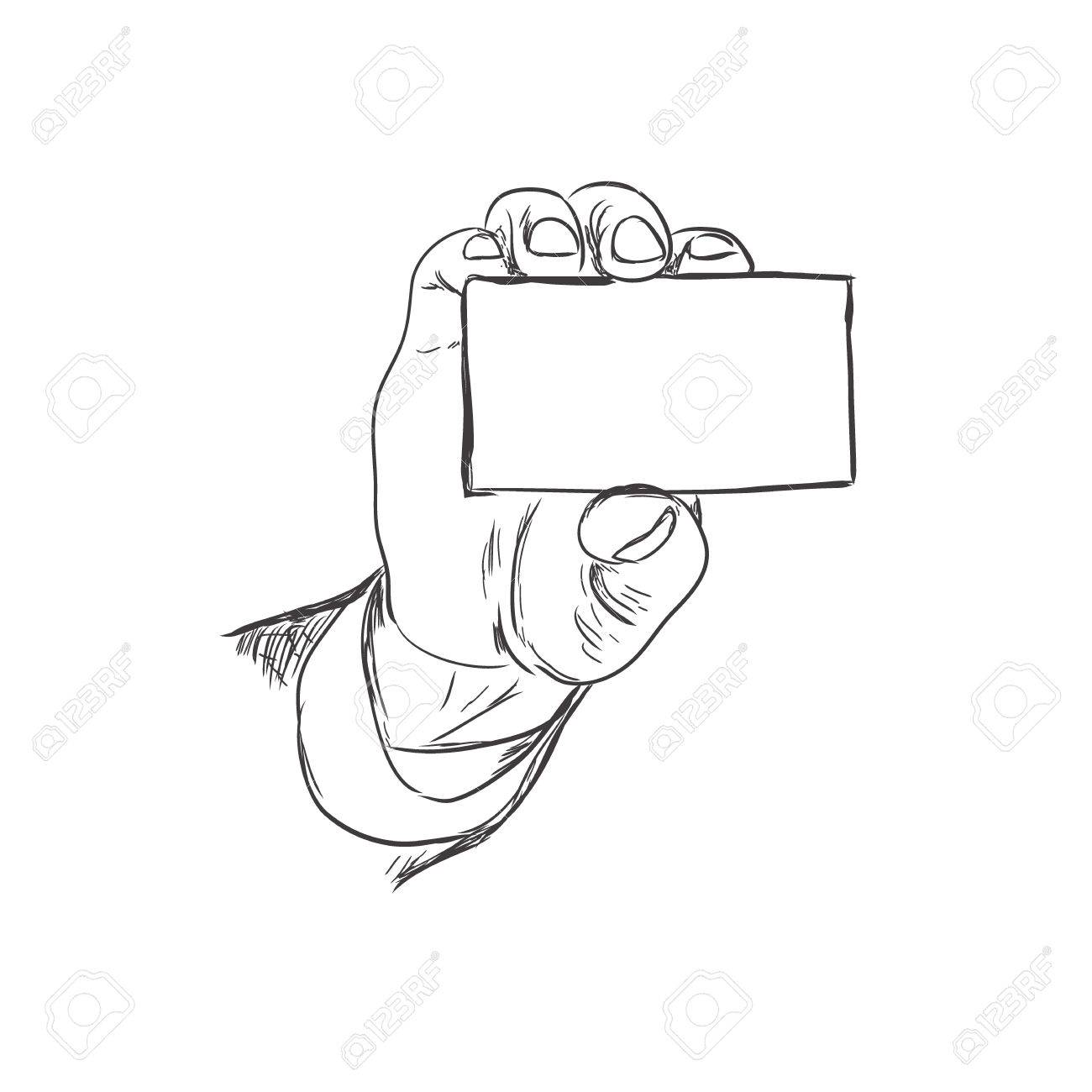 1300x1300 Hand Holding Business Card, Sketch Style, Vector Illustration