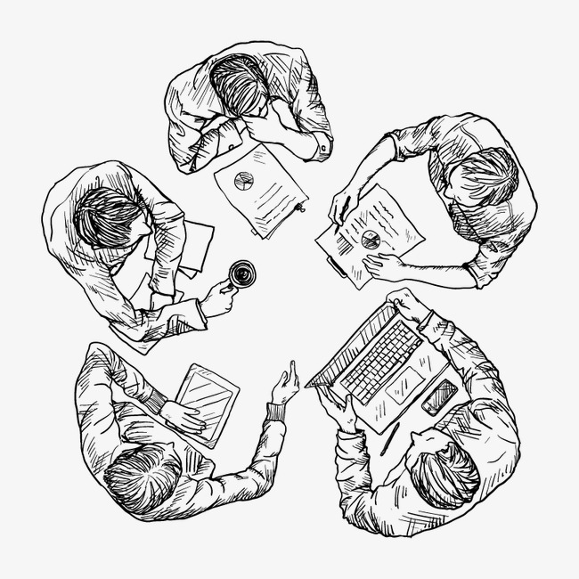 650x650 Business Meeting, Business Team, Top View Angle, Pencil Drawing