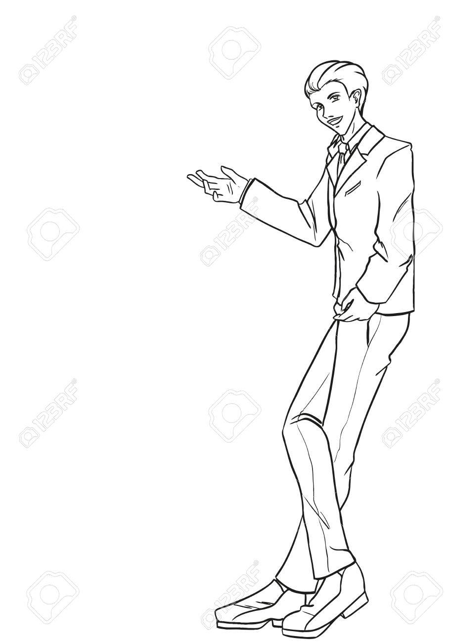910x1300 The Young Attractive Businessman Stands And Shows By Own Hand