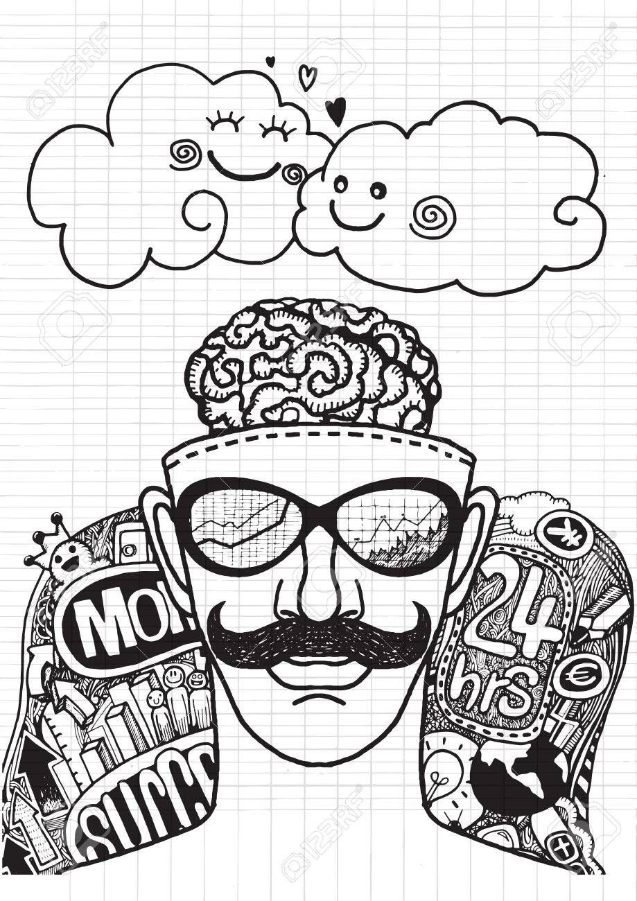 919x1300 Hipster Businessman Relaxing After Hard Work Drawing Style Pen