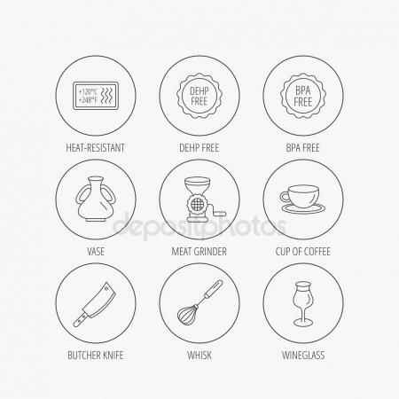 450x450 Coffee Cup, Butcher Knife And Wineglass Icons. Stock Vector