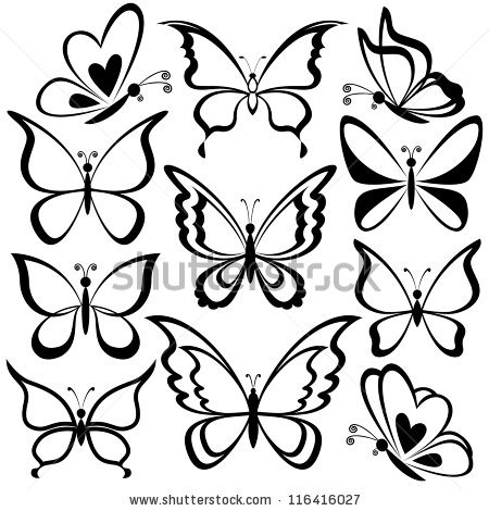 450x470 Various Butterflies, Black Contours On White Background. Vector