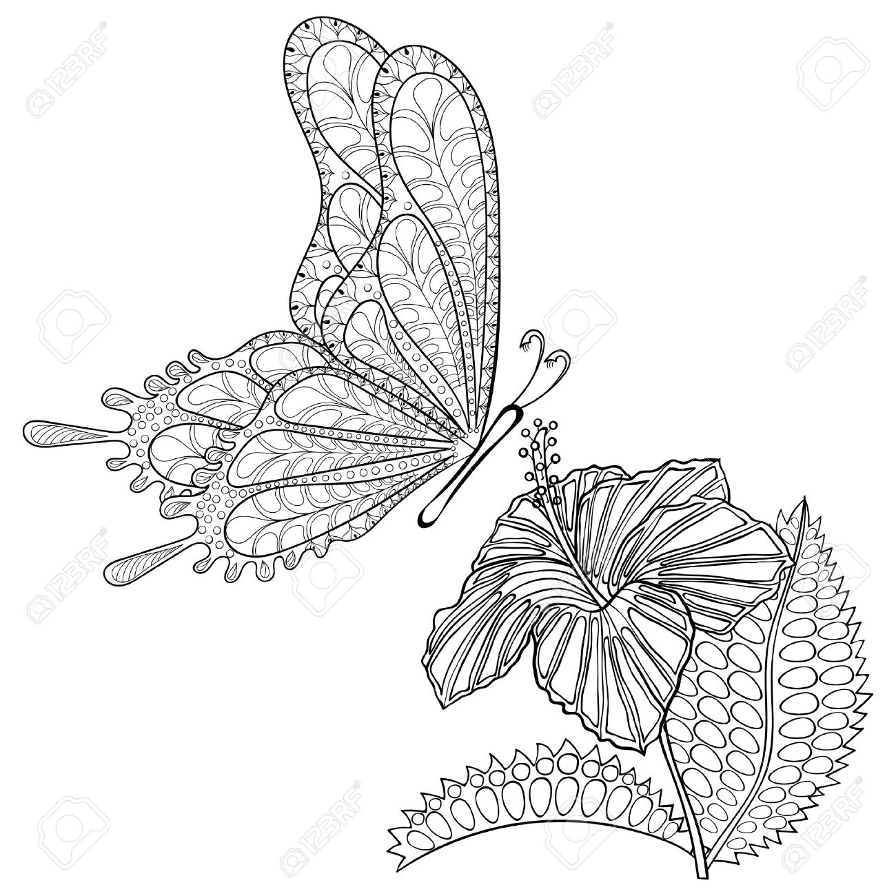 1300x1300 Hand Drawn Tribal Flying Butterfly And Hibiskus Flower For Adult