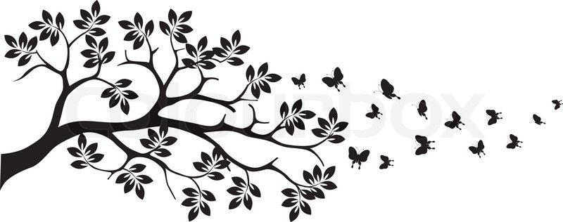 800x316 Vector Illustration Of Black Tree Silhouette With Butterfly Flying