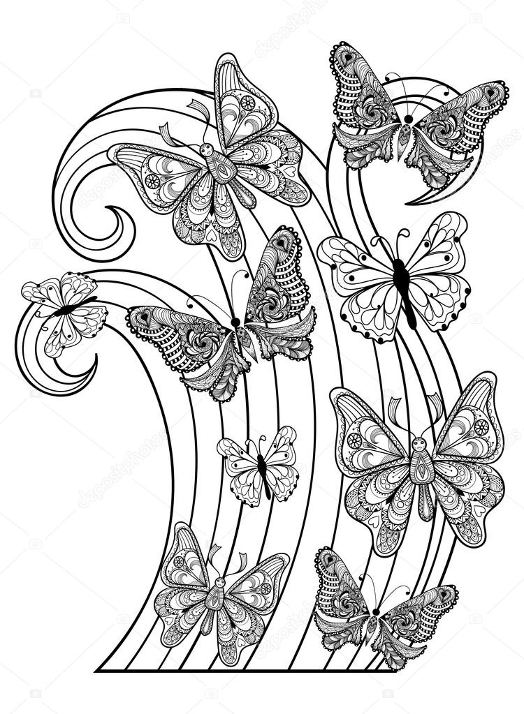 750x1023 Zentangle Vector Flying Butterflies For Adult Anti Stress Colori