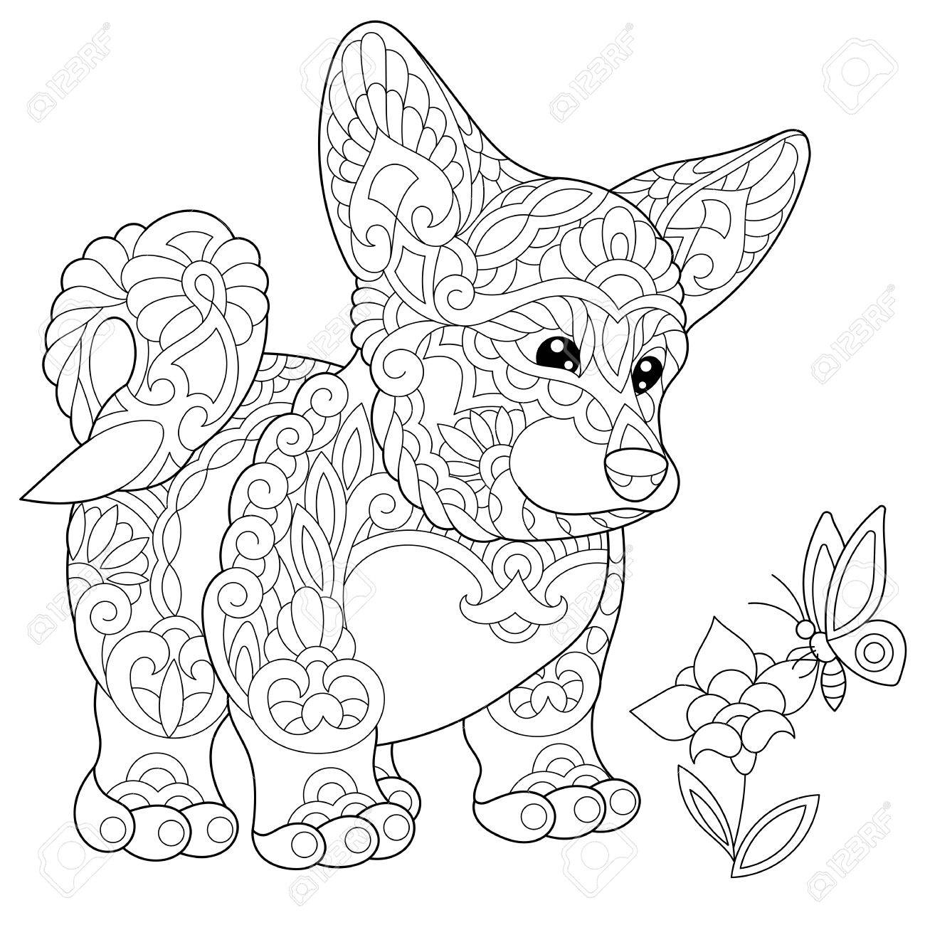 1300x1300 Coloring Page Of Welsh Corgi Dog And Butterfly On A Flower