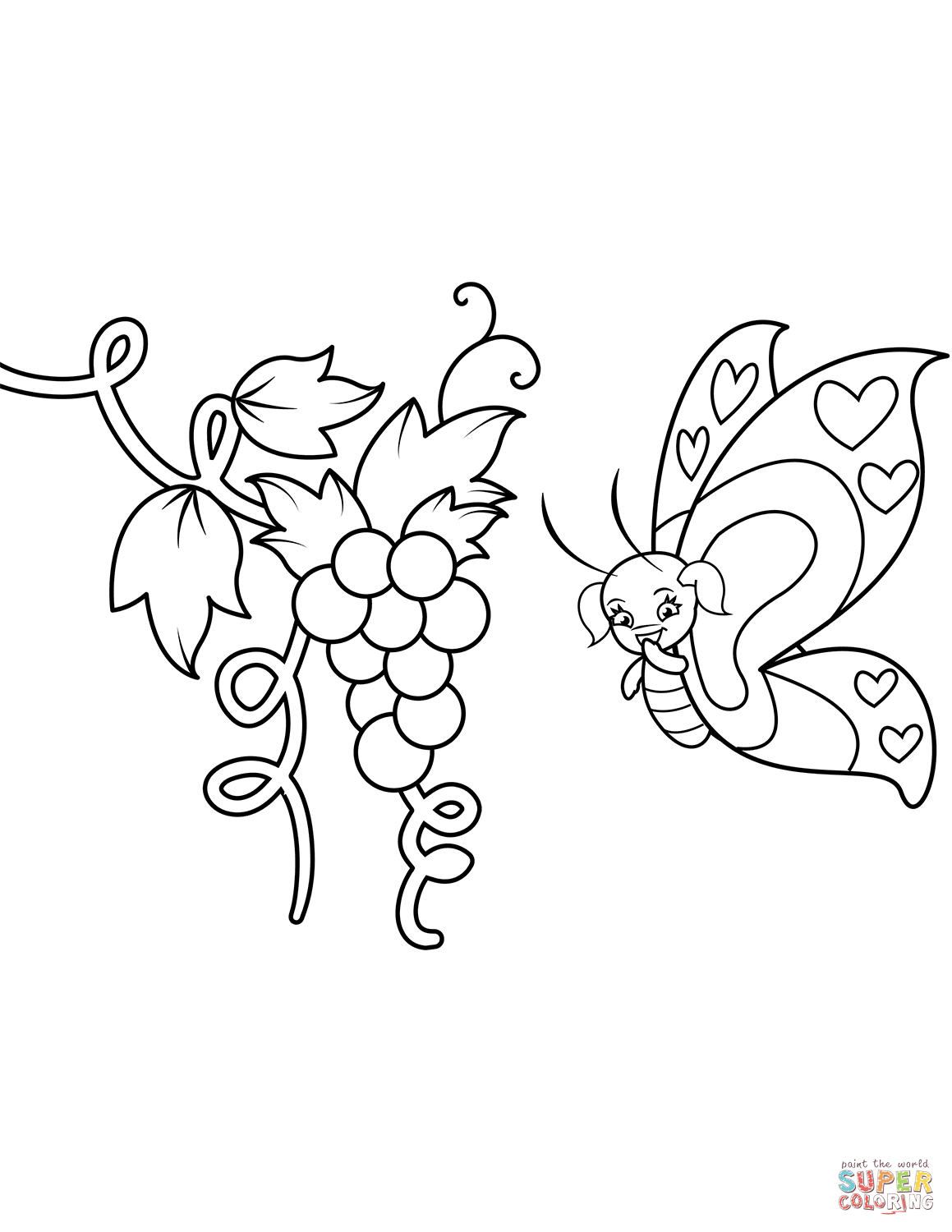 1159x1500 Cute Butterfly Girl And Bunch Of Grapes Coloring Page Free