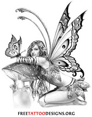 300x378 Grey Ink Fairy With Mushroom And Butterfly Tattoo Design For Girl