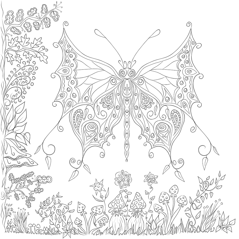 1000x1000 Butterfly In Garden Free Colouring Pattern Download