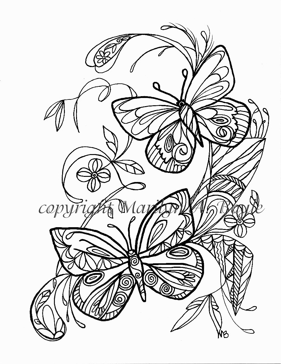927x1200 Adult Coloring Page Butterflies, Flowers, Garden, Zentangle