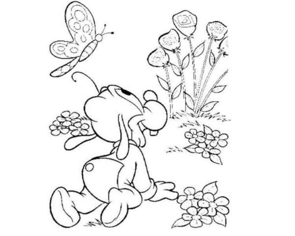 600x481 Baby Goofy Butterfly Flower Garden Disney Coloring Pages