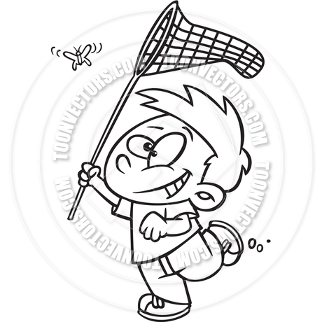460x460 Cartoon Boy With Butterfly Net (Black And White Line Art) By Ron