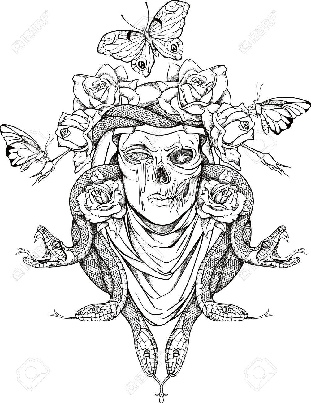 1005x1300 Illustration With Woman Skull, Snakes, Butterflies And Flowers