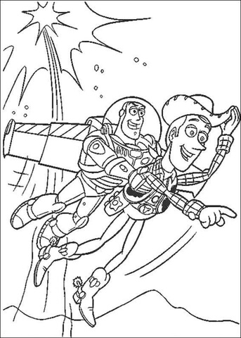 343x480 Sheriff Woody And Buzz Lightyear Are Flying Coloring Page Free