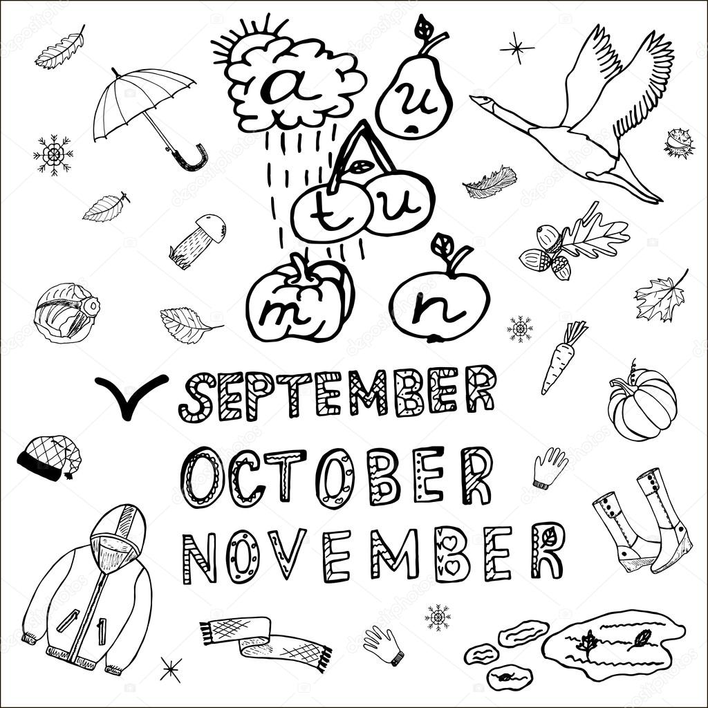 1024x1024 Autumn Hand Drawn Set With Handwritten Letters And Hand Made