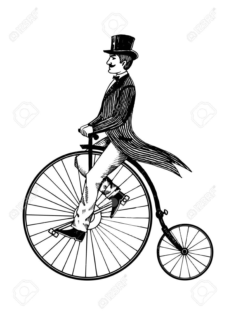 975x1300 Man On Retro Vintage Old Bicycle Engraving Vector Illustration