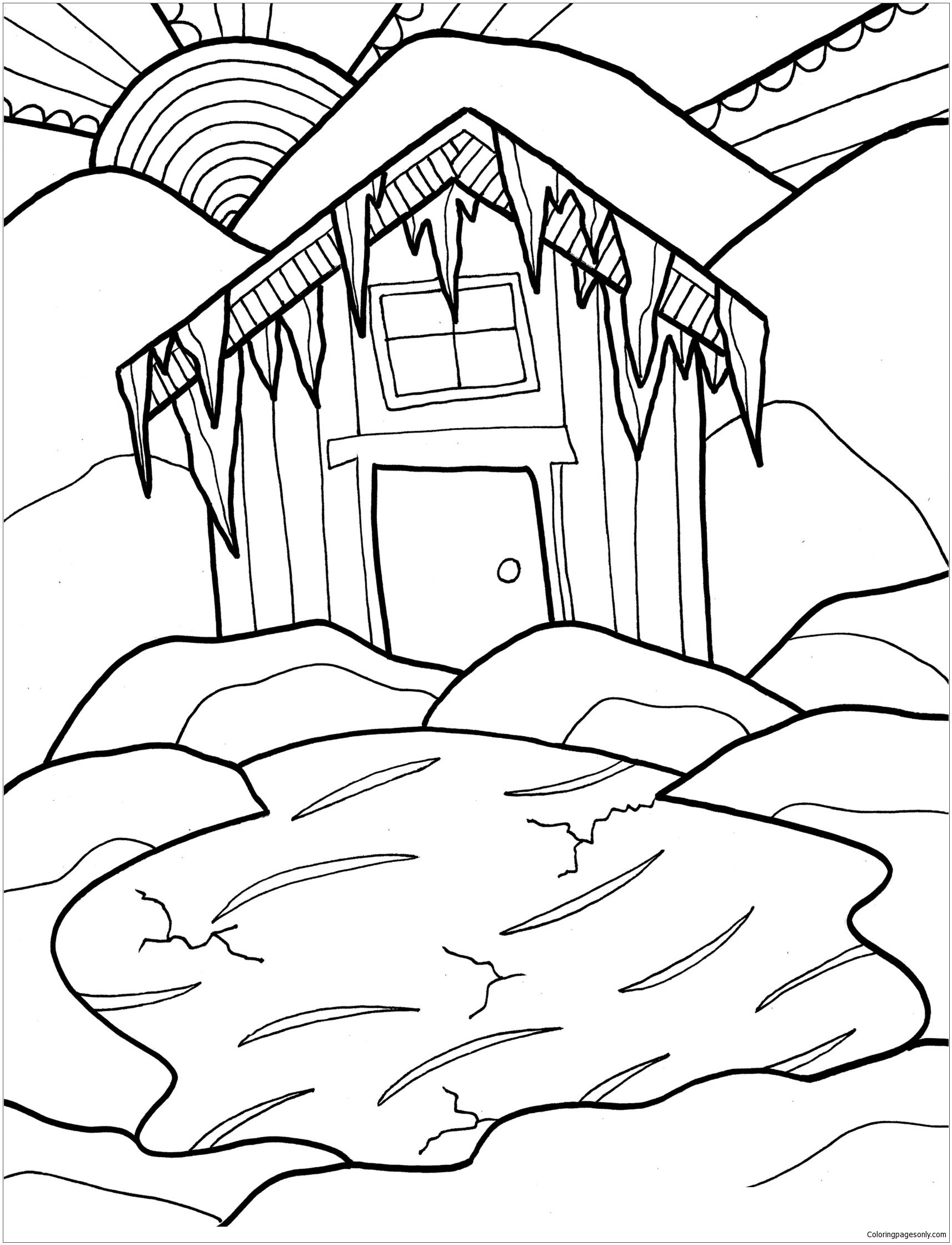 1713x2239 Winter Cabin Coloring Page