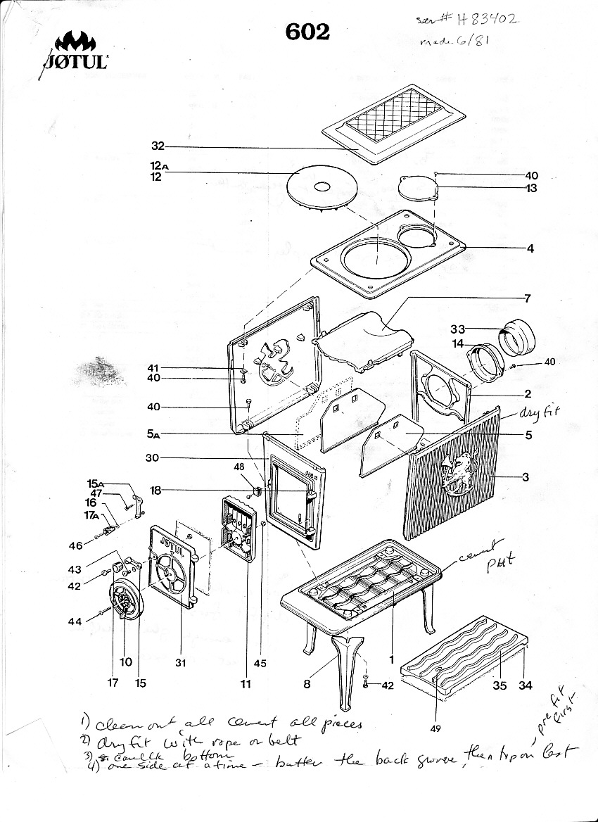 850x1168 Jotul 602 Exploded Drawing Cabin Stove, Fire Wood