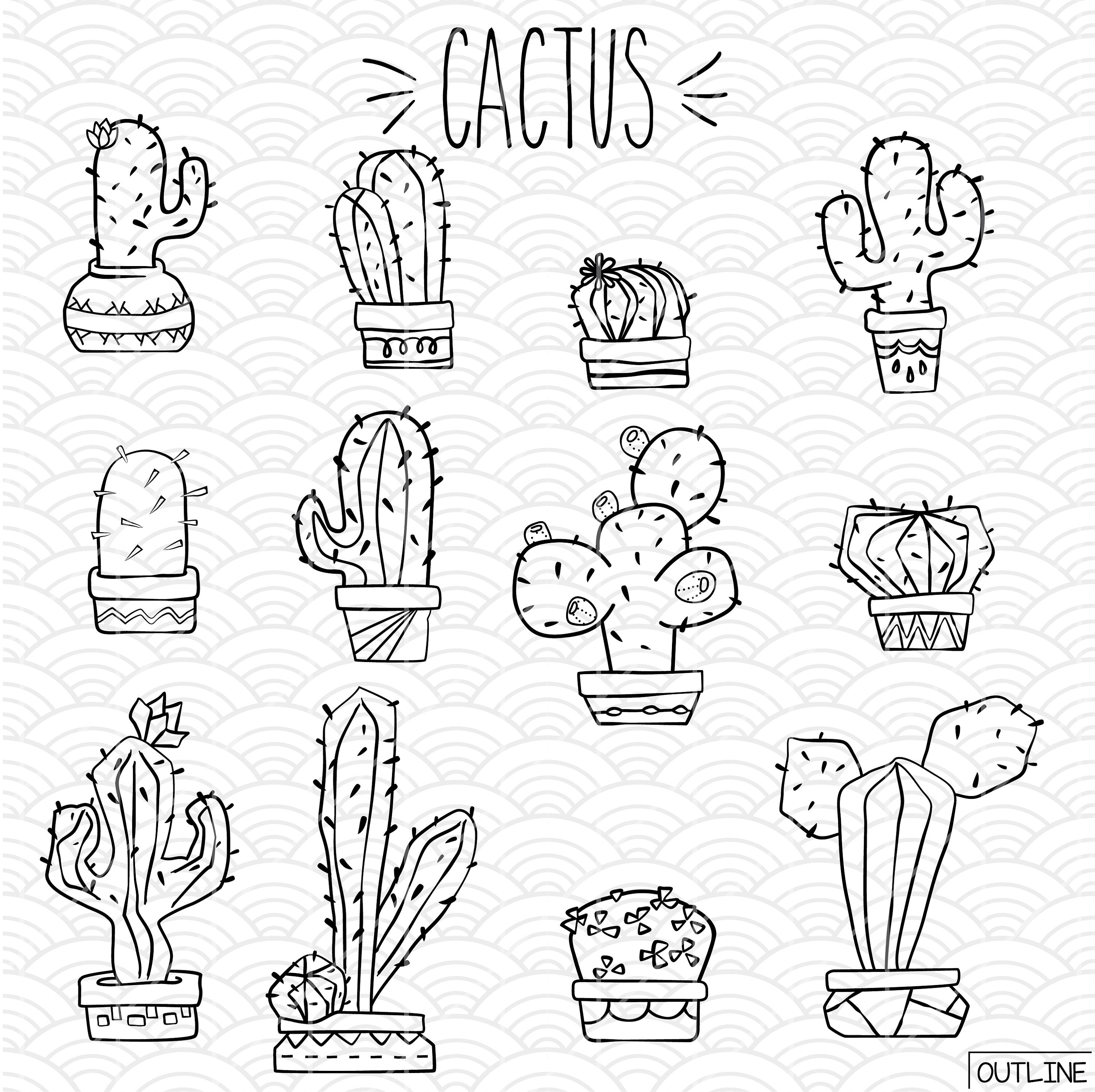 3000x2992 Cactus Vector Sketches