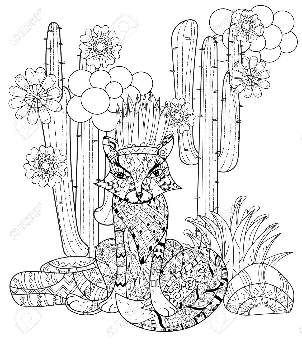 1144x1300 Vector Cute Fairy Wigwam Anf Fox In Cactus Doodle Isolated.vector