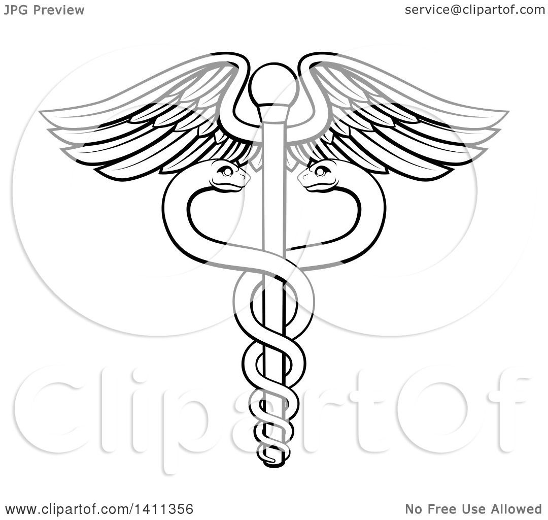 1080x1024 Clipart Of A Black And White Lineart Medical Caduceus With Snakes