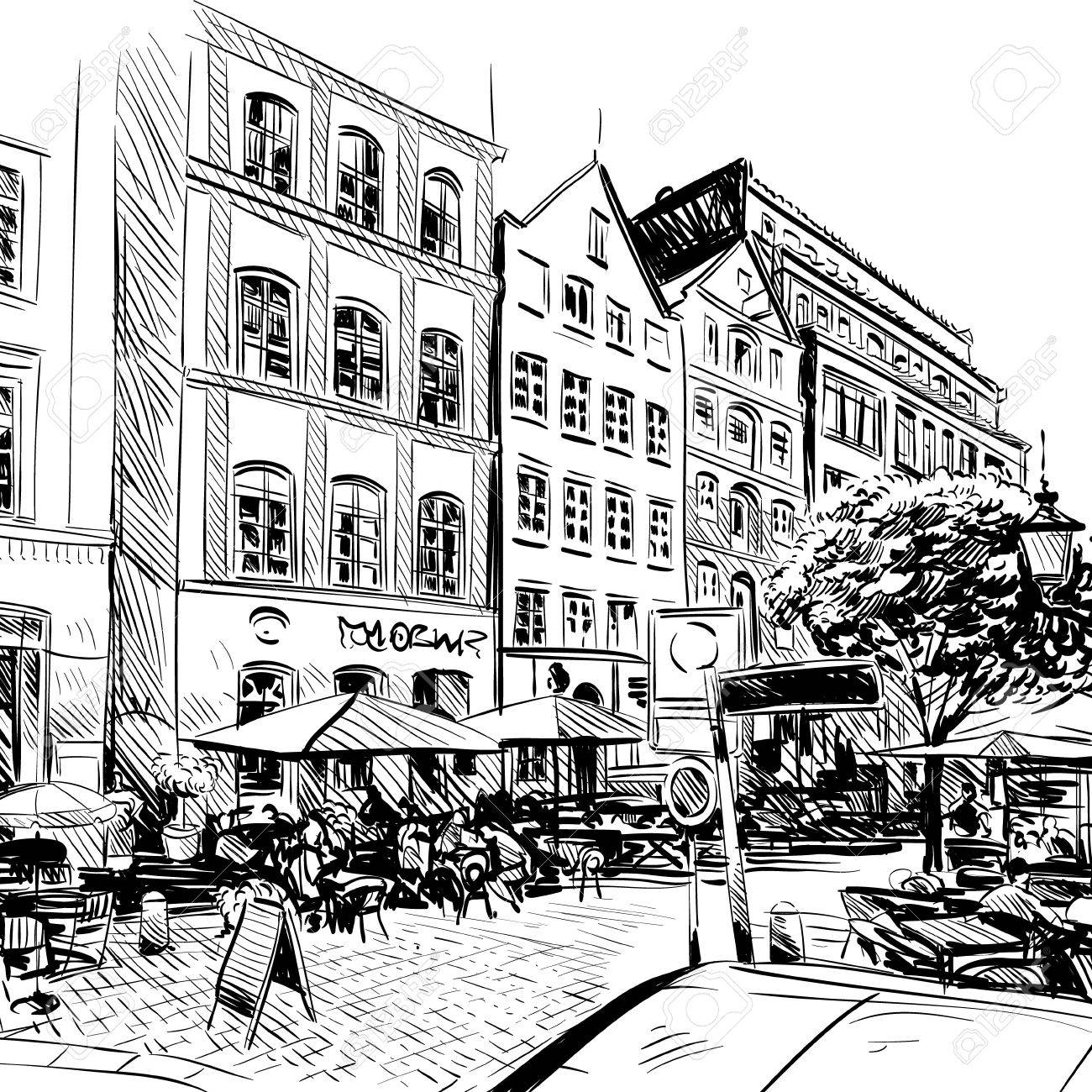 1300x1300 City. Cafe Sketch, Illustration Royalty Free Cliparts, Vectors