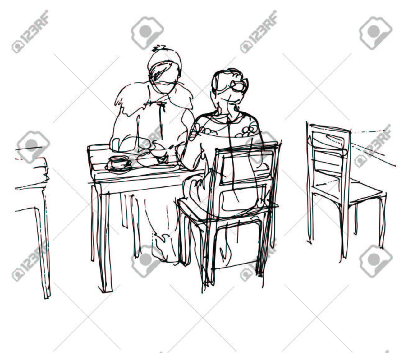 1300x1136 Black And White Vector Sketch Of Two Friends In A Cafe